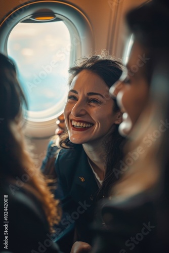 Cheerful individuals are comfortably sitting on an airplane, laughing