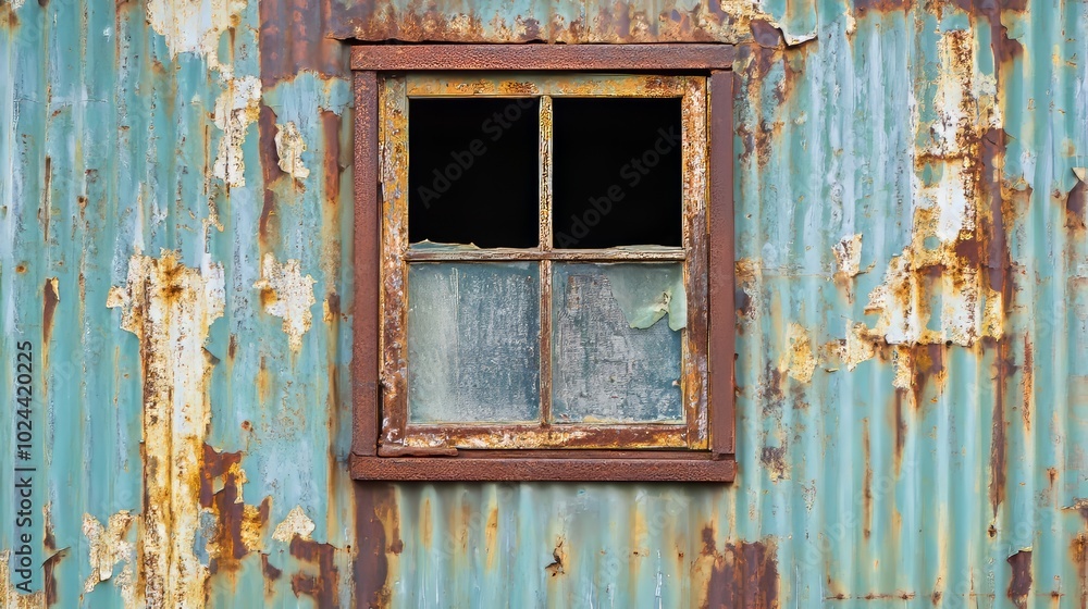 Corrugated metal building with old rusty metal frame window Corrugated metal building with old rusty metal frame window