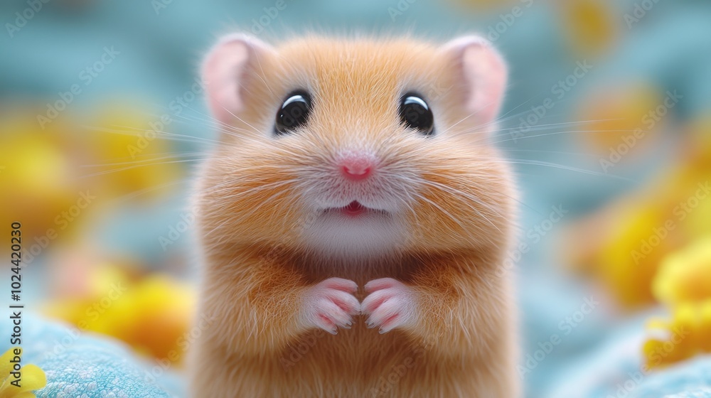 A cute hamster with big eyes and a pink nose stands on its hind legs looking straight at the camera. There are yellow flowers in the background. A cute hamster with big eyes and a pink nose stands on its hind legs looking straight at the camera. There are yellow flowers in the background.