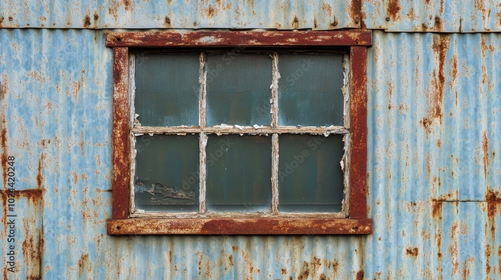 Old rusty window in peeling, corrugated metal building Old rusty window in peeling, corrugated metal building