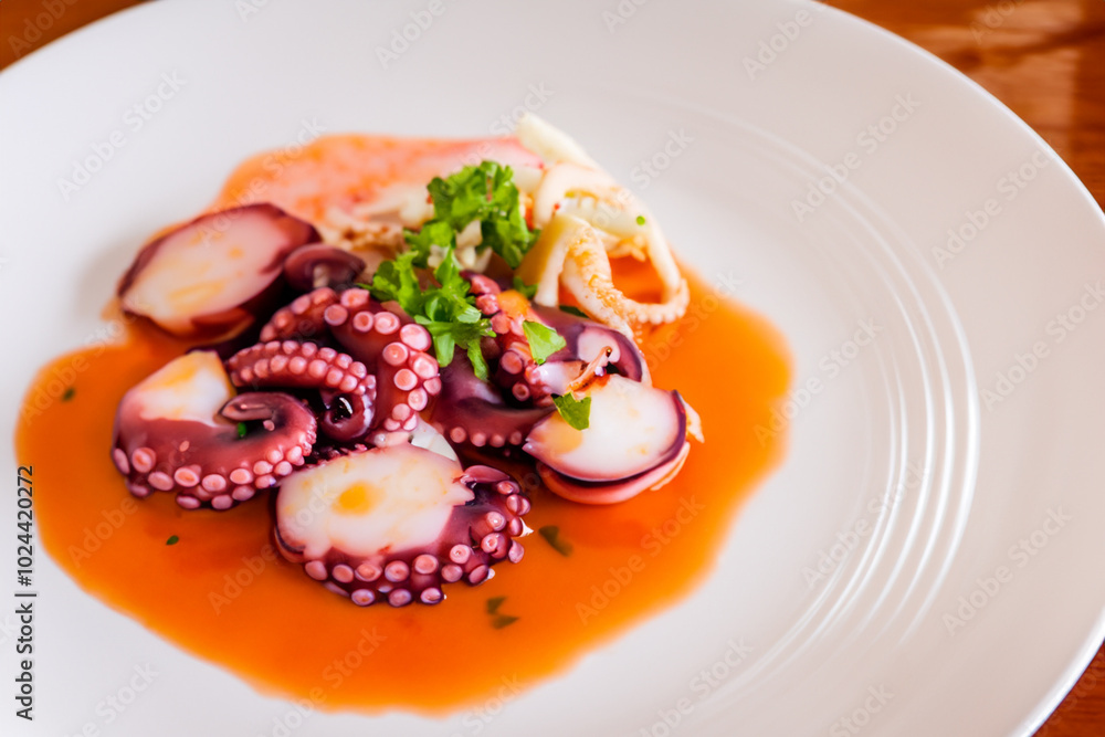 A dish of food with octopus and sauce. Cuisine dinner delicious concept. A plate of octopus, dish, and whites with sauce. A plate of food with octopus, sauce, and oranges on lifestyle it.