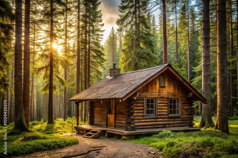 Tranquil rustic cabin in a forest setting, extreme close-up Tranquil rustic cabin in a forest setting, extreme close-up