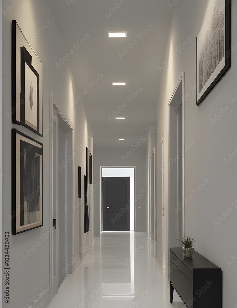 hallway featuring polished wooden floors, sleek doors, and modern lighting hallway featuring polished wooden floors, sleek doors, and modern lighting