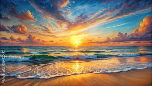 Fototapeta Naklejka Na Ścianę i Meble -  Tranquil seaside sunset with waves lapping shore