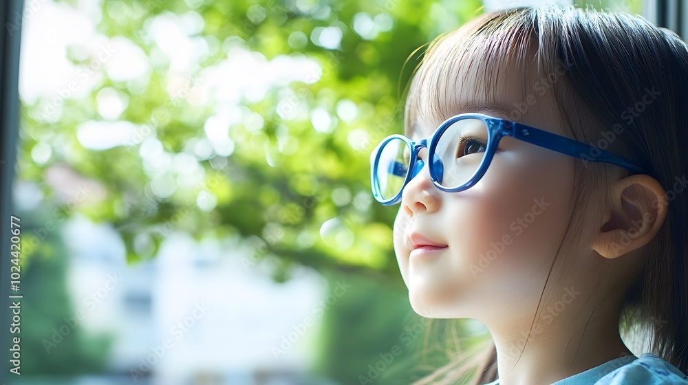 Young child wearing blue glasses focusing on distant tree outside window, symbolizing myopia prevention and importance of outdoor activities