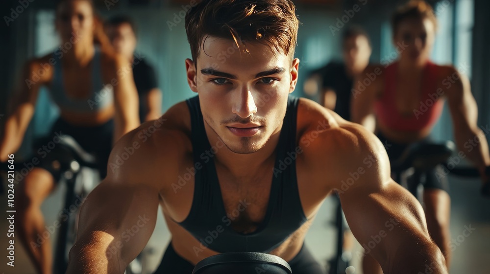 Young man bikes in gym with group. Young man bikes in gym with group.