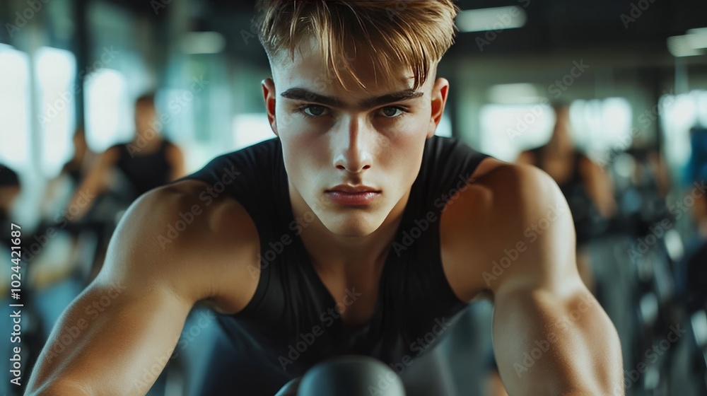 Man exercises on stationary bike in gym. Man exercises on stationary bike in gym.