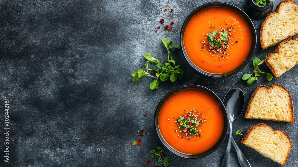 Rustic tomato soup bowls with fresh herbs toasted bread on dark background Rustic tomato soup bowls with fresh herbs toasted bread on dark background