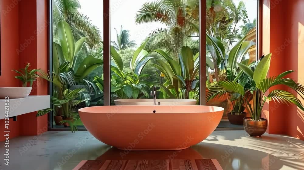 In a contemporary fantasy bathroom, a bathtub overlooks a panoramic tropical window. In a contemporary fantasy bathroom, a bathtub overlooks a panoramic tropical window.