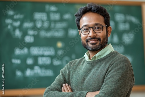 Man is smiling in front of a green chalkboard with equations on it. Indian male teacher standing in front of a darke green board with equations written on it. She is wearing light green shirt photo