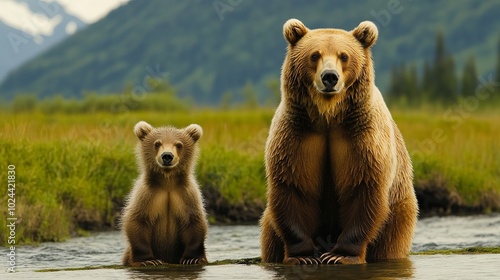 A mother Alaskan coastal brown bear and her cub observing for fish along Silver Salmon Creek in Lake Clark National Park, Alaska. photo