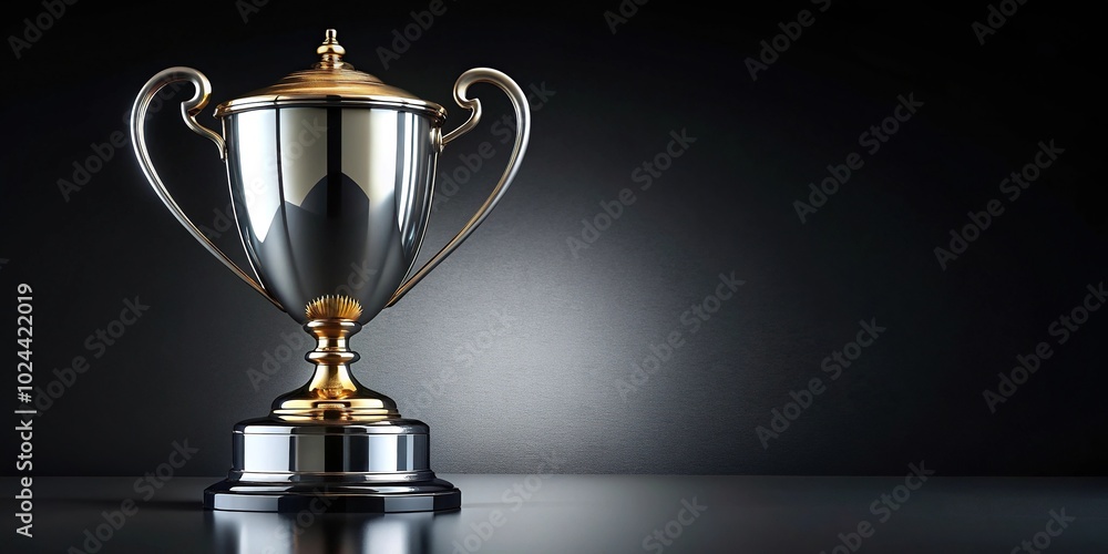 Low angle view of a silver trophy with gold top against black background Low angle view of a silver trophy with gold top against black background