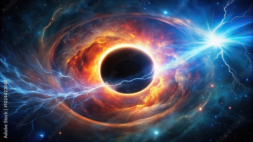Low angle view of a spherical black hole with a fiery accretion disk and lightnings Low angle view of a spherical black hole with a fiery accretion disk and lightnings
