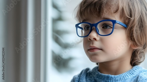 Young child wearing blue glasses focusing on distant tree outside window, symbolizing myopia prevention and importance of outdoor activities photo