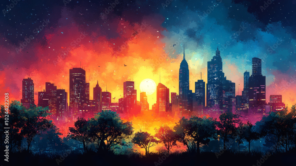 Fototapeta premium Vibrant Abstract City Landscape Drawing of Futuristic Cityscape