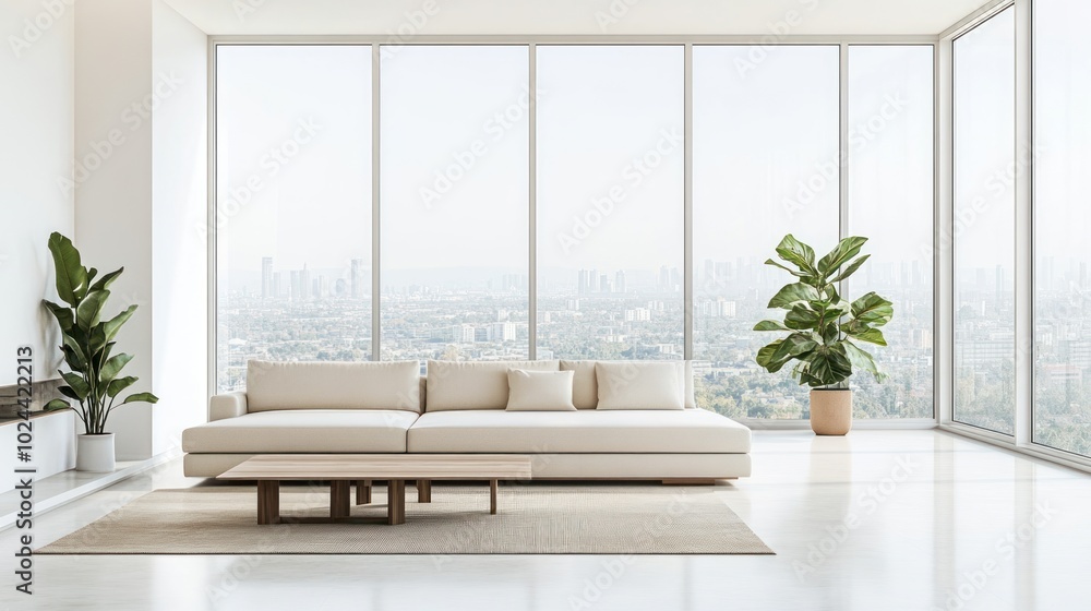 A modern living room with large windows showcasing a city view and minimalistic decor. A modern living room with large windows showcasing a city view and minimalistic decor.
