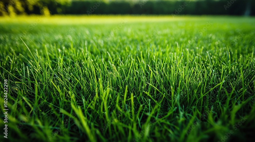 Fototapeta premium Textured green grass. A vibrant field of grass, representing a spring lawn. Background of colorful grass. Close-up of a freshly mowed lawn in a park.