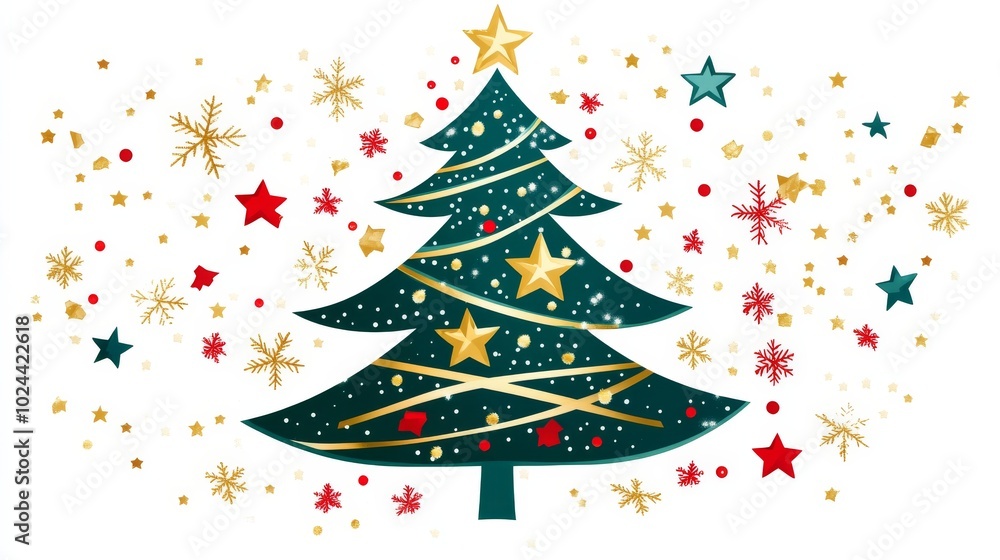 A decorated Christmas tree with gold stars, surrounded by red and gold snowflakes and stars on a white background. A decorated Christmas tree with gold stars, surrounded by red and gold snowflakes and stars on a white background.