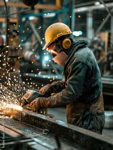 An industrial worker wearing safety gear grinds metal, creating sparks in a factory, showcasing hard work in manufacturing and industry. photo