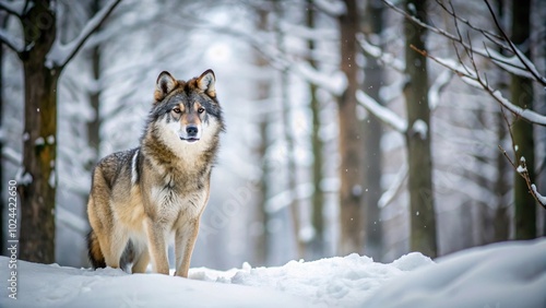 Low angle view of a wolf in a snowy forest with simple and minimalistic background