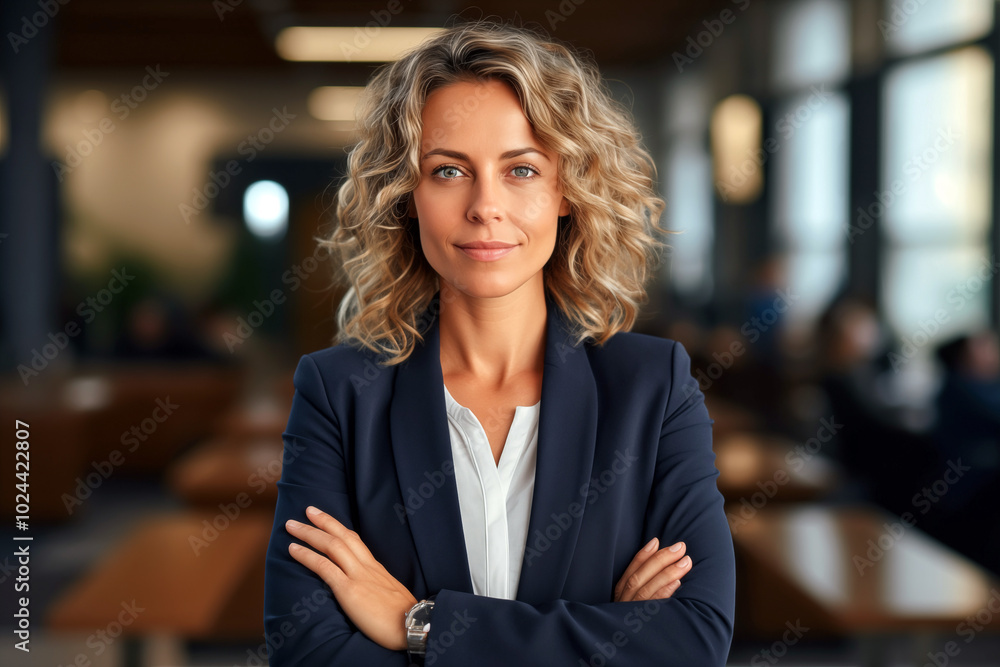 Confident businesswoman standing in office. Blurred background with copy space Confident businesswoman standing in office. Blurred background with copy space