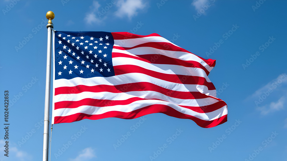 An American flag is proudly waving in the wind against a backdrop of a bright blue sky with white clouds. The red, white, and blue colors are vibrant. An American flag is proudly waving in the wind against a backdrop of a bright blue sky with white clouds. The red, white, and blue colors are vibrant.