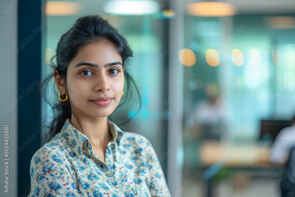 Confident young Indian businesswoman entrepreneur standing in modern office, looking at camera with a professional and determined expression, representing leadership Confident young Indian businesswoman entrepreneur standing in modern office, looking at camera with a professional and determined expression, representing leadership