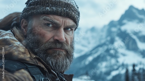 Man with a beard and a hat is standing in front of a mountain. He looks angry, is wearing jacket. seasoned hunter with a magnificent beard, standing against the backdrop of a freezing snowy mountain.