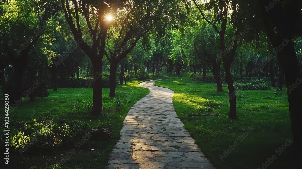 Fototapeta premium A serene path meanders through a lush green park, inviting visitors to immerse themselves in the tranquility of nature.