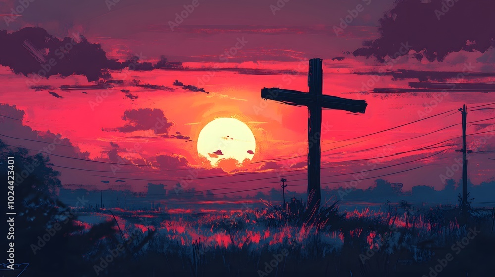 A silhouette of a cross against a fiery sunset with power lines and tall grass A silhouette of a cross against a fiery sunset with power lines and tall grass