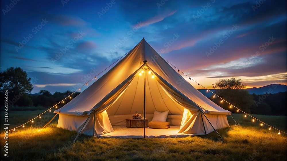 Low angle view of an illuminated bell tent during nighttime glamping Low angle view of an illuminated bell tent during nighttime glamping