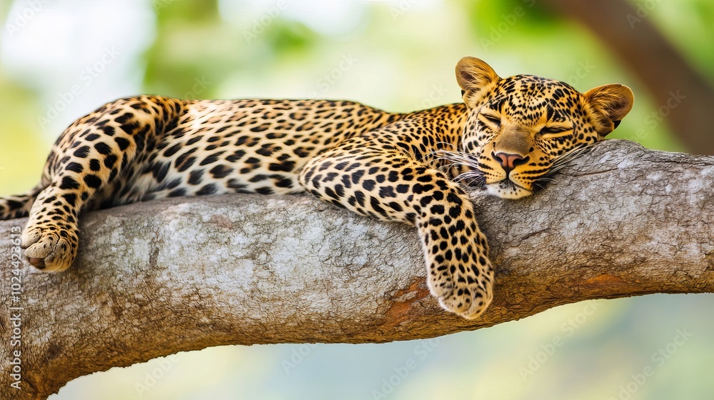 Obraz premium A majestic Sri Lankan leopard, Panthera pardus kotiya, lounges gracefully on the sturdy branch of a tree in its natural habitat within Yala National Park, Sri Lanka.