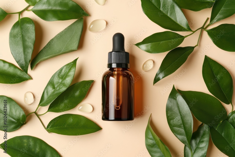 Natural essential oil bottle with green leaves on beige background Natural essential oil bottle with green leaves on beige background