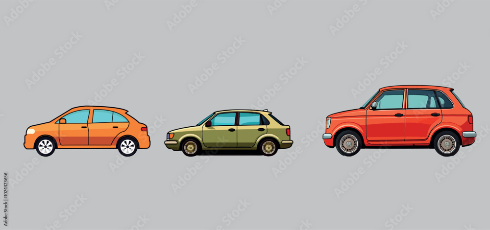 Three cartoon cars are depicted in side view, each a different color: orange, green, and red. vector illustration Three cartoon cars are depicted in side view, each a different color: orange, green, and red. vector illustration