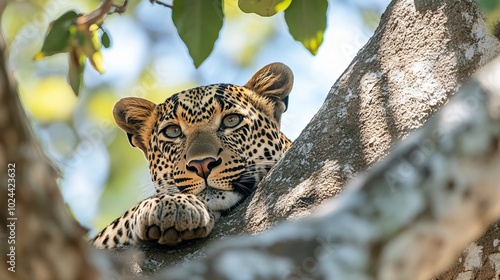 A majestic Sri Lankan leopard, Panthera pardus kotiya, lounges gracefully on the sturdy branch of a tree in its natural habitat within Yala National Park, Sri Lanka. photo