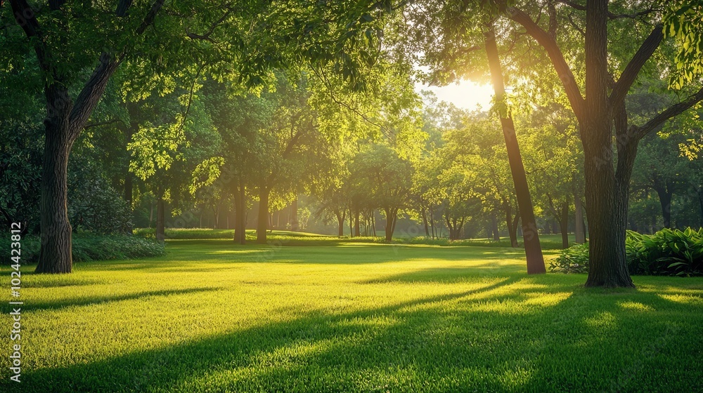 Naklejka premium A tranquil park landscape bathed in the soft glow of morning sunlight, with golden rays filtering through the trees, casting long shadows across the dewy grass.