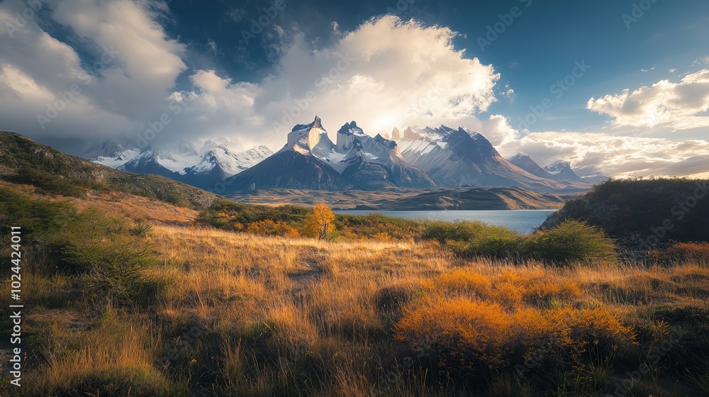 Obraz premium Stunning view of Torres del Paine National Park in Chile, showcasing its dramatic landscapes with rugged mountain peaks, pristine lakes, and vast open plains.