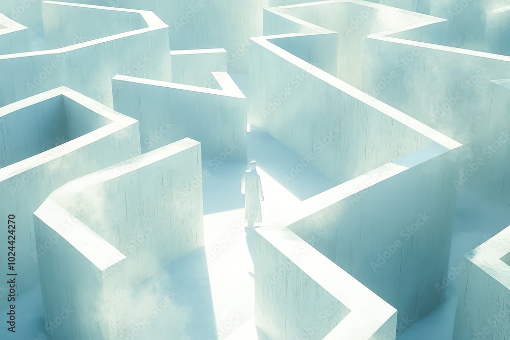 A lone figure dressed in white walks through a large, intricate maze with tall white walls A lone figure dressed in white walks through a large, intricate maze with tall white walls