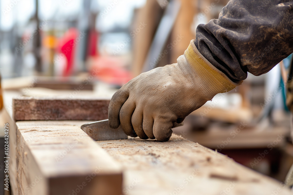 Closeup of a carpenters hand using a scraper on wood Closeup of a carpenters hand using a scraper on wood