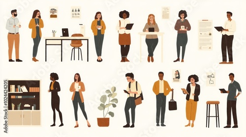 Multiethnic office scenes vector, showing diverse characters in various professional interactions