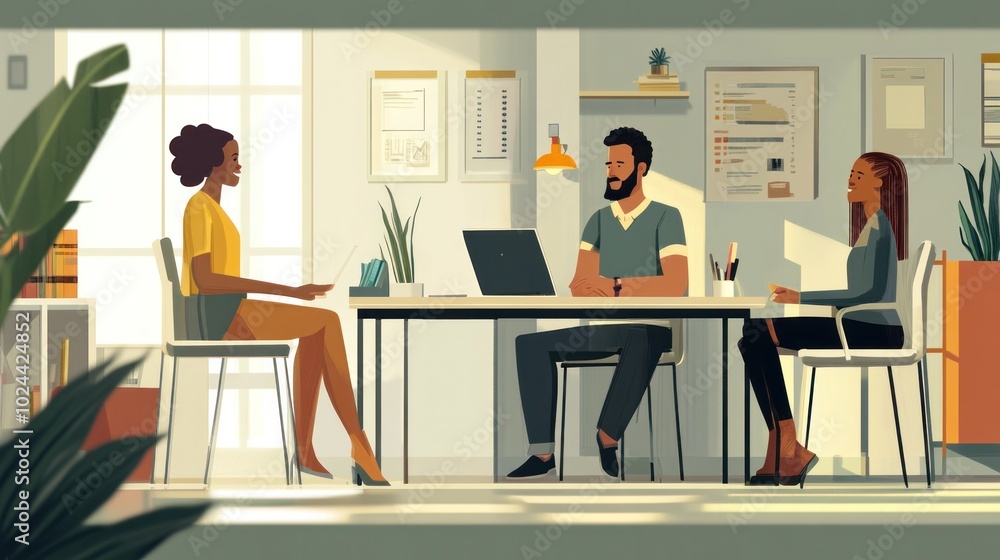 Office life concepts featuring multiethnic characters in flat illustration style, promoting inclusivity and collaboration Office life concepts featuring multiethnic characters in flat illustration style, promoting inclusivity and collaboration