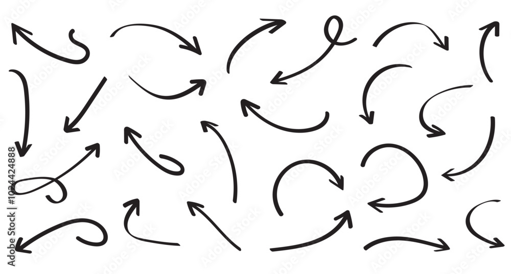 Collection hand drawn arrows. Set simple curved arrows isolated on white background. Collection of pointers. Vector illustration. Collection hand drawn arrows. Set simple curved arrows isolated on white background. Collection of pointers. Vector illustration.