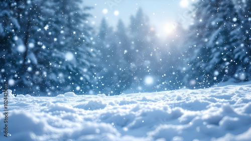 snowy forest floor with blurry trees and a bright, sunlit sky in the background. Snowflakes are falling softly.