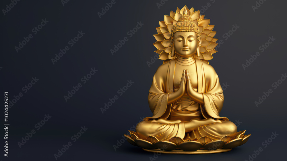Golden Buddha: A serene and contemplative golden Buddha statue sits in a meditative pose on a lotus base, radiating peace and tranquility against a dark background. Golden Buddha: A serene and contemplative golden Buddha statue sits in a meditative pose on a lotus base, radiating peace and tranquility against a dark background.