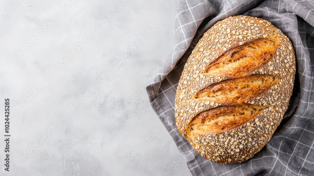 A freshly baked whole grain bread, adorned with seeds, sits on a rustic wooden table. A freshly baked whole grain bread, adorned with seeds, sits on a rustic wooden table.