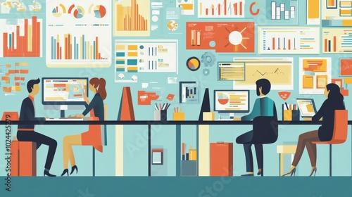 Office research and analysis vector illustration, showing a team of professionals working on projects