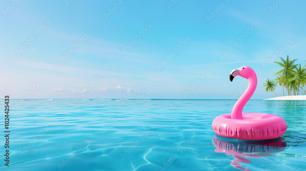 Fototapeta premium Pink Flamingo Float in Tropical Paradise: A vibrant pink inflatable flamingo float bobs gently in the turquoise waters of a tropical paradise, with palm trees swaying in the background.
