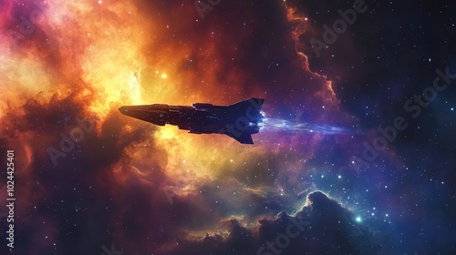 A futuristic spaceship flies through a colorful nebula with bright stars.