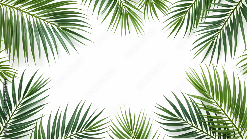 Green palm leaves arranged around a white background, creating a tropical border. Green palm leaves arranged around a white background, creating a tropical border.