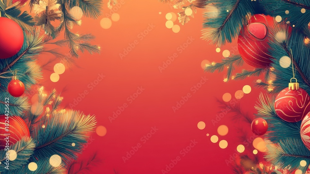 Festive Christmas Background with Pine Branches and Red Ornaments Festive Christmas Background with Pine Branches and Red Ornaments
